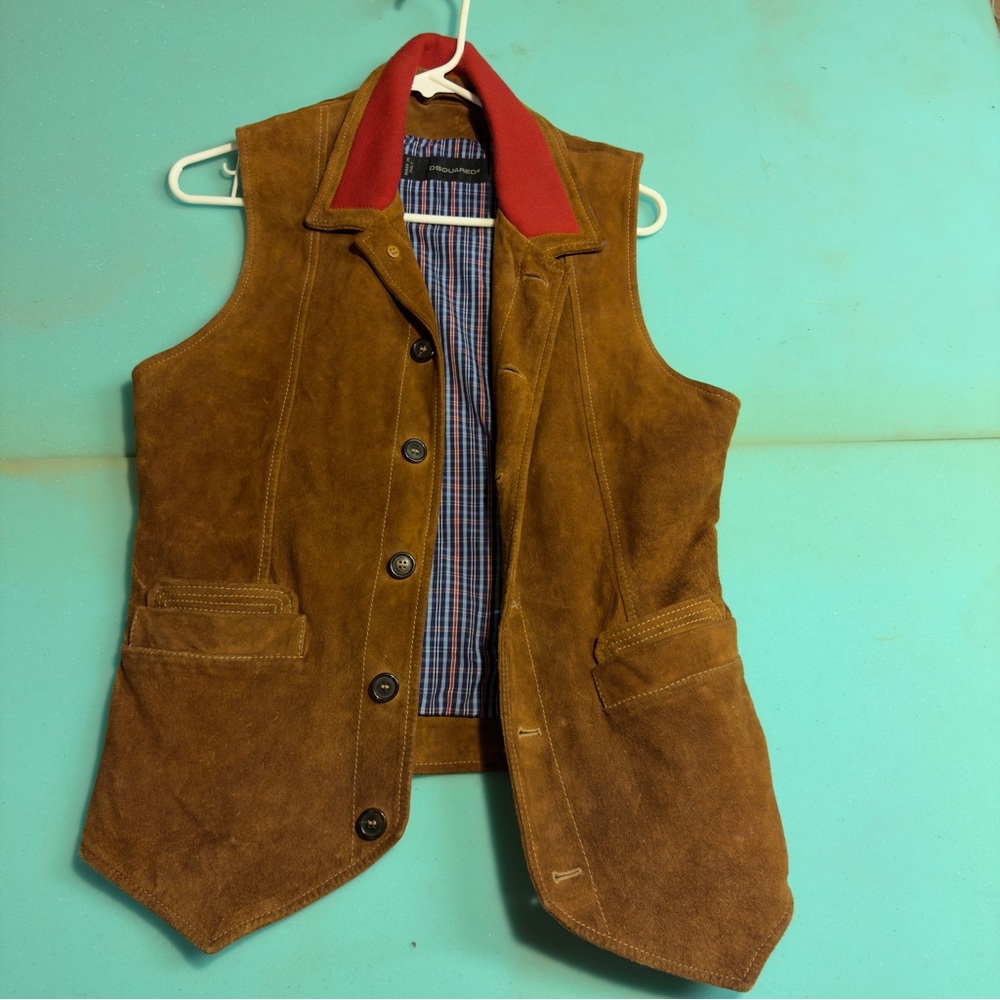 DSQUARED2 Tan Suede Jacket with Red Collar